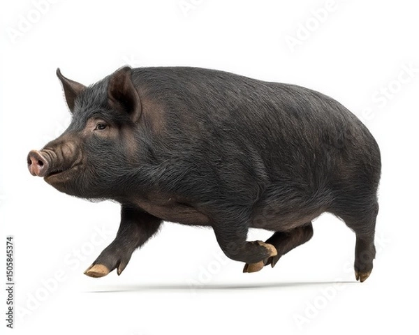 Fototapeta A black pig in mid-stride, dynamic and full of energy.