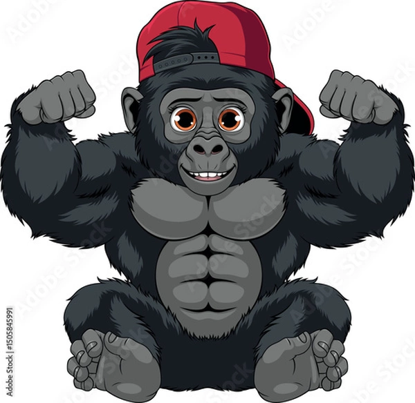 Fototapeta Vector illustration, funny baby gorilla sits, shows muscles, coloring book