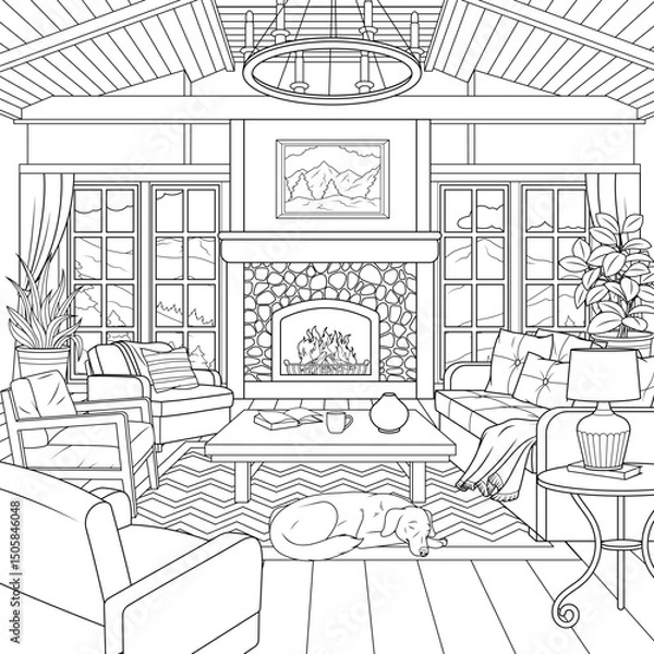 Fototapeta Vector illustration, interior of a house with a fireplace in the mountains, coloring book