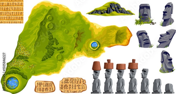 Obraz Silhouette Easter island or Rapa Nui top view. Set moai, signboards Rongorongo, pattern, undeciphered captions ancient peoples. Isolated vector cartoon stone statues. Background map. 