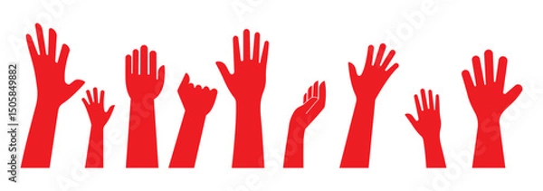 Obraz Fists hands up vector illustration. Concept of unity, revolution, fight, cooperation. Flat outline design. Raised hands vector silhouettes, Set of hand silhouette icon logo template vector. EPS 10. 