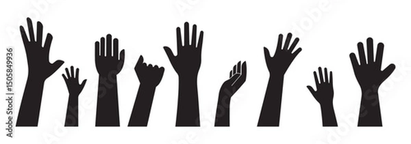 Obraz Fists hands up vector illustration. Concept of unity, revolution, fight, cooperation. Flat outline design. Raised hands vector silhouettes, Set of hand silhouette icon logo template vector. EPS 10. 