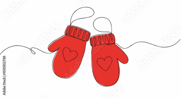 Obraz Two lovely red mittens, connected by a continuous line, each adorned with a heart. The design is minimalistic and modern, evoking a sense of warmth and affection
