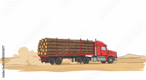 Fototapeta A red semi-truck transporting a heavy load of logs across a dusty landscape