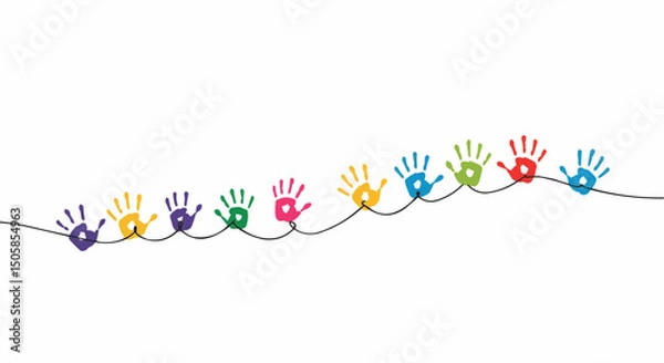 Obraz Colorful handprints connected together in a line, representing diversity and inclusion. Each handprint displays a different color and symbolizes unity