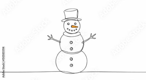Fototapeta A cute snowman sketch, hand-drawn with simplicity, with a top hat and carrot nose