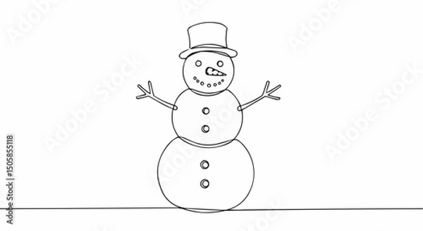Fototapeta A simple outline drawing of a snowman, complete with a top hat and a cheerful expression. It evokes the spirit of winter and festive cheer.