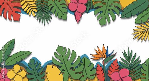Fototapeta Colorful tropical paper cut-out plants with various shapes and sizes form an exotic border. A vibrant scene of a variety of leaves and flowers, with meticulous detailing and intricate designs