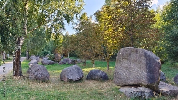 Fototapeta In the city park, a tiled path is surrounded by birch and chestnut trees growing on grassy lawns. At sunset, sunlight shines through their branches. Many boulders lie nearby. A clear autumn evening