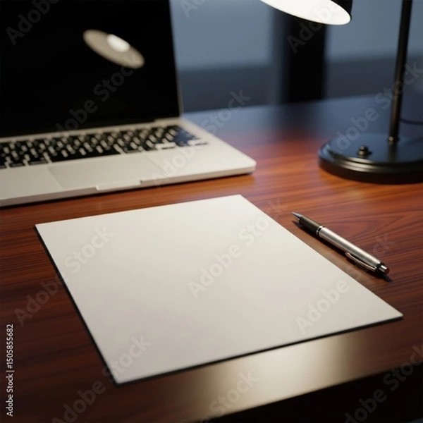 Fototapeta Blank paper sheet with pen on wooden desk next to laptop and lamp