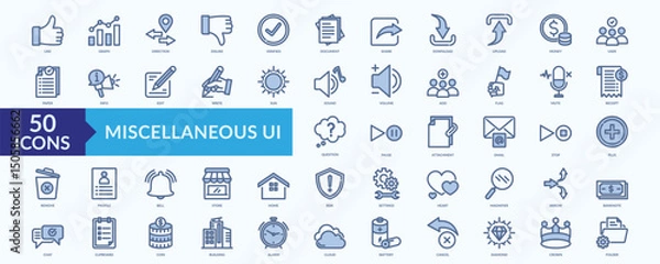 Fototapeta Miscellaneous UI icon collection set with like, graph, direction, dislike, verified
