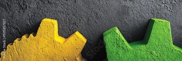 Fototapeta Interlocking Gears: Teamwork and Synergy - Two painted gears, yellow and green, mesh together against a dark gray background, symbolizing collaboration and effective teamwork