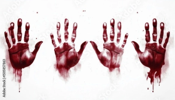 Fototapeta  dripping red handprint stencil art on white background for halloween horror design, web graphic, or eerie print branding