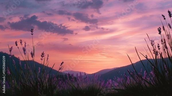 Fototapeta Sunset over lavender hills with pastel pink clouds and grass silhouette in foreground