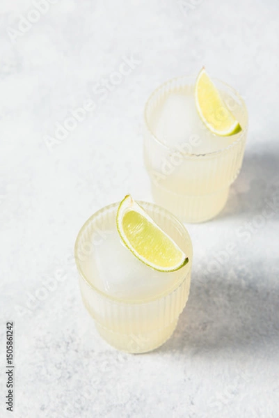Fototapeta Refreshing lime cocktails on white table. Glass of citrus hard seltzer with ice cube and fresh lime slices. Summer lemonade, mocktail, vitamin water concept. Daiquiri, gimlet, caipirinha