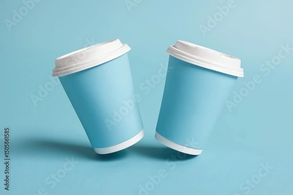 Obraz Two blue paper coffee cups with white lids float