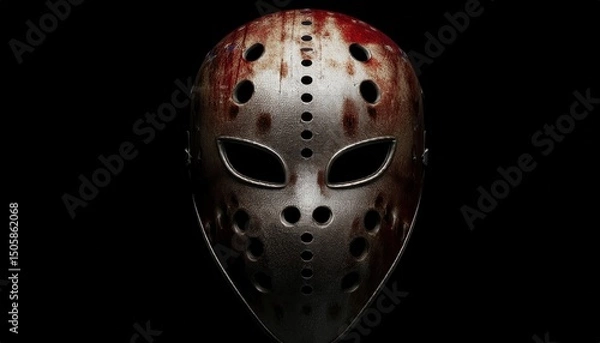 Fototapeta metallic hockey mask with blood splatter on black background for horror branding, halloween poster, or thriller web design