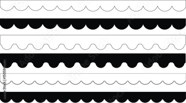 Obraz Scalloped border. illustration isolated on white background. dividers. Simple scalloped border. Repeat cute vintage frill ornament. Texture ribbons. Vector  Scalloped edge seamless set. borders and 