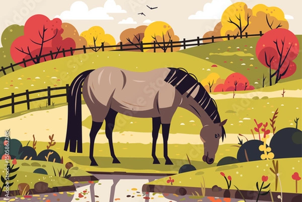 Fototapeta Vector illustration of a horse grazing near a pond in an autumn landscape with colorful trees, hills, and a wooden fence. Perfect for farm, nature, countryside, or animal themes.