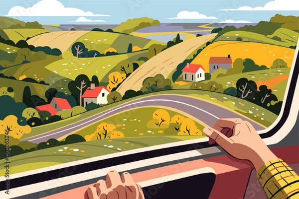 Fototapeta Scenic countryside view from a train window, featuring rolling hills, colorful fields, and charming houses. Vibrant rural landscape vector illustration, perfect for travel and adventure concepts