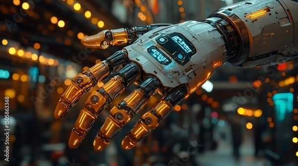 Obraz Futuristic robot hand cityscape