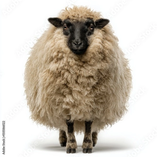 Fototapeta Fluffy sheep with a dark face stares directly at the camera.