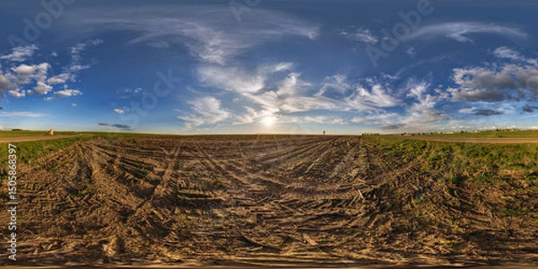 Fototapeta hdri 360 panorama view on gravel road among fields with clouds in sky in equirectangular full seamless spherical projection, ready for VR AR or sky dome replacement