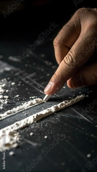 Obraz Hand preparing lines of cocaine on dark surface
