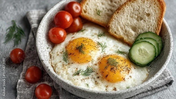 Obraz Healthy breakfast. A bowl with fried eggs, with white bread slices and cucumber strips, with tomatoes beside them . 