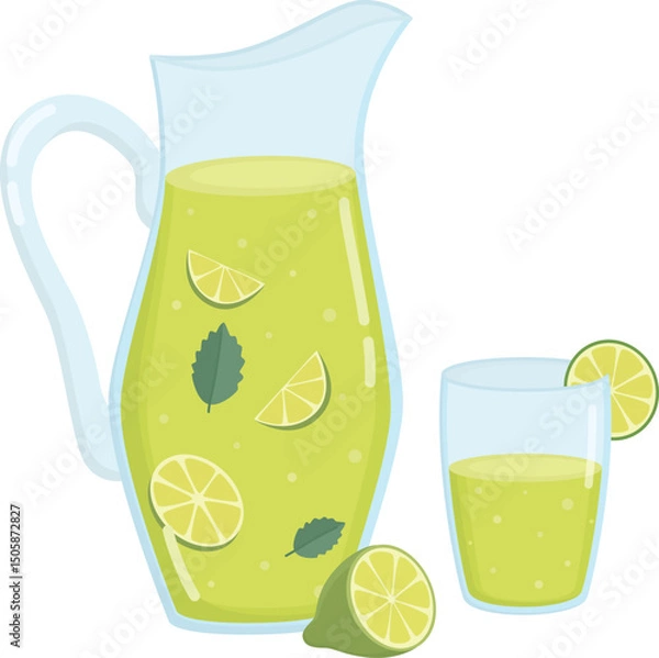 Obraz Lime lemonade with mint in a glass pitcher. Summer refreshing citrus drink 