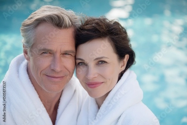 Fototapeta closeup portrait of relaxing European couple 55 years old in white bathrobe on pool background