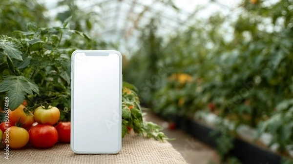 Fototapeta white screen smartphone against in the greenhouse with tomatoes, copy space