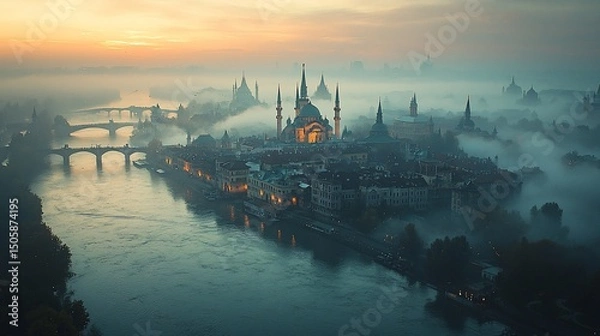 Obraz Misty City Island Sunrise Aerial