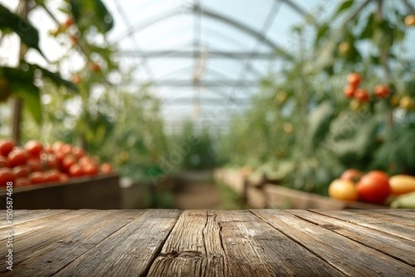 Fototapeta wooden surface in the foreground, blurring greenhouse with tomatoes in the background, copy space, for product presentation