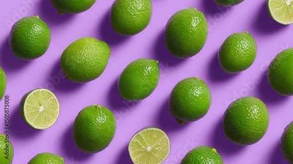 Fototapeta green limes on soft purple background, top view, banner