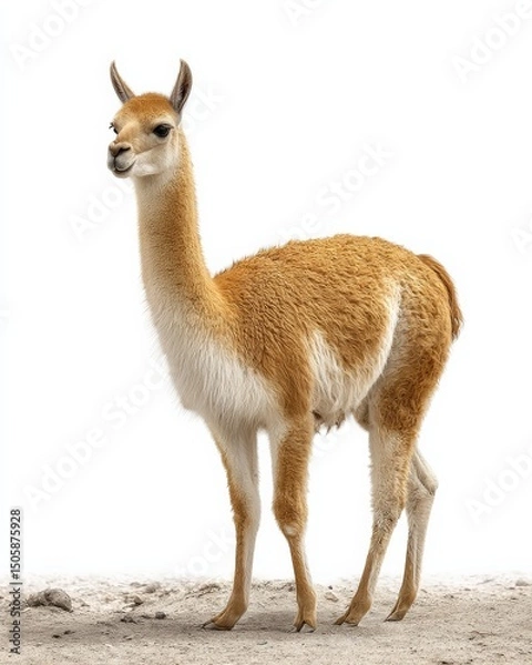 Fototapeta A graceful vicuña, a South American camelid, stands against a stark white background.