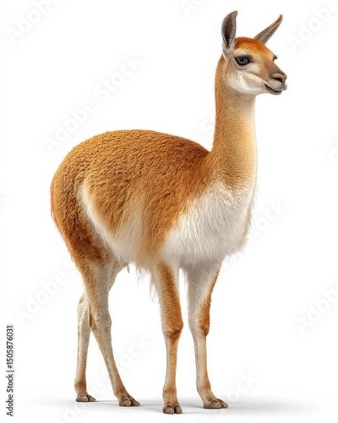 Fototapeta A vicuña, a wild camelid, stands gracefully against a white background. Its light brown coat and elegant posture are captivating.