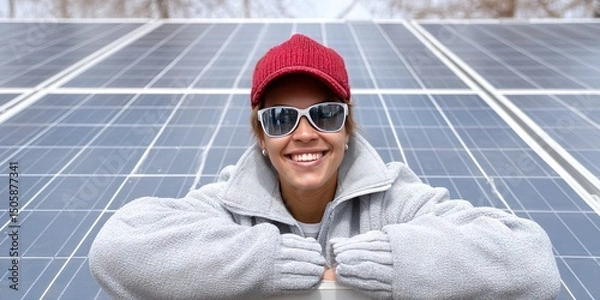 Fototapeta dynamic angle photo of friendly solar female photovoltaic installer, dynamic pose 