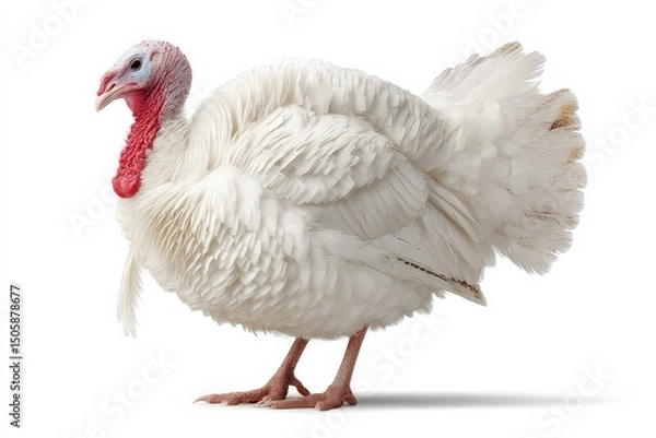 Fototapeta A pristine white turkey, standing majestically against a stark white background.