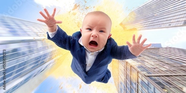 Fototapeta dynamic angle photo of terrified baby in executive business suit falling from sky, downtown skyscrapers 