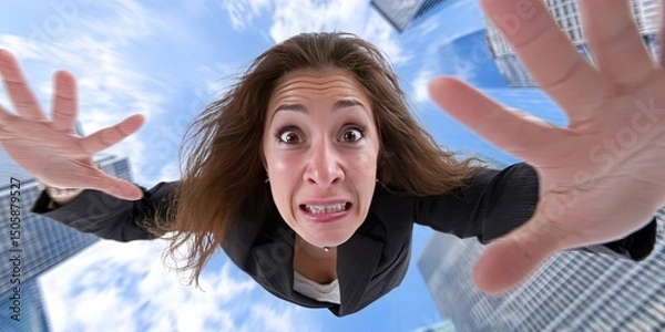 Fototapeta dynamic angle photo of terrified woman in executive business suit falling from sky, downtown skyscrapers