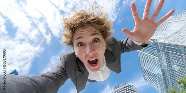 Fototapeta dynamic angle photo of terrified woman in executive business suit falling from sky, downtown skyscrapers