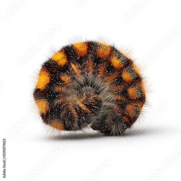 Fototapeta Close-up of a fuzzy, curled-up caterpillar with vibrant orange and black markings against a clean white background.