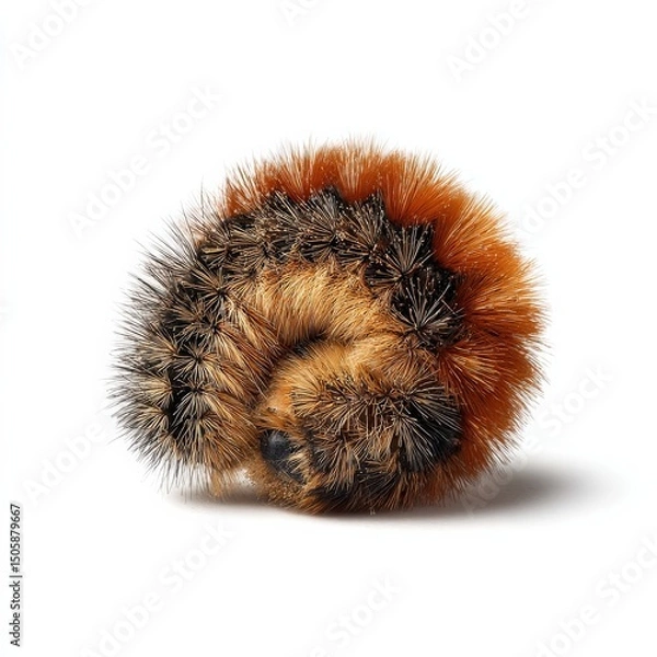 Fototapeta Fuzzy caterpillar curled in a ball, showcasing its intricate textures and warm brown and orange hues.