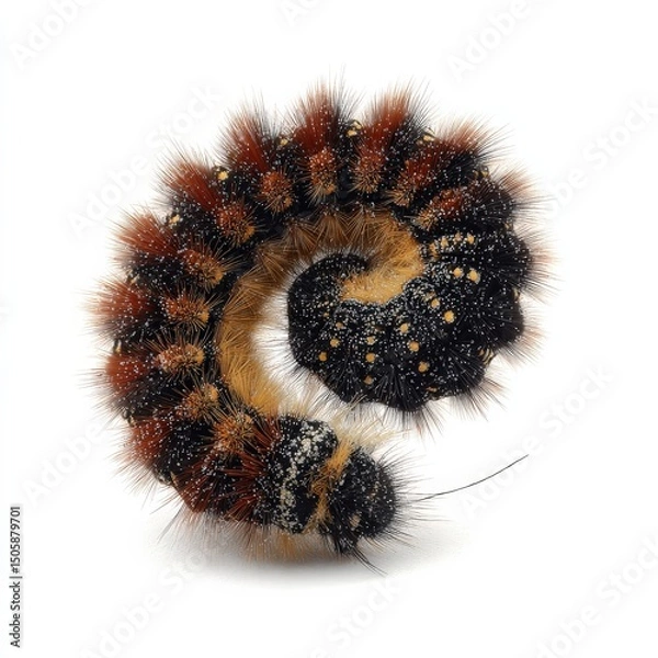 Fototapeta Close-up of a hairy caterpillar curled into a spiral, showcasing its intricate textures and vibrant colors.