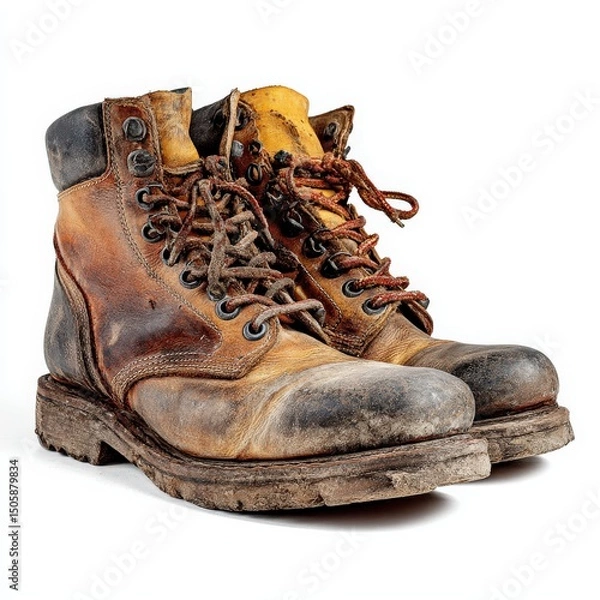 Fototapeta A pair of well-worn leather boots, showing signs of age and use, sit on a white background.