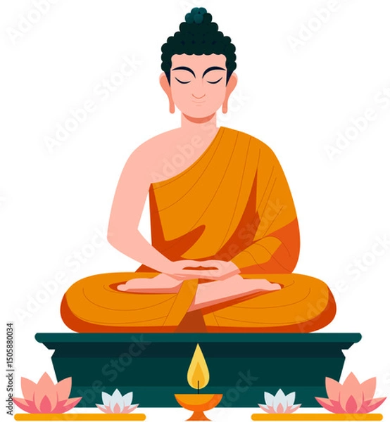 Fototapeta Meditating Buddha statue with lotus flowers