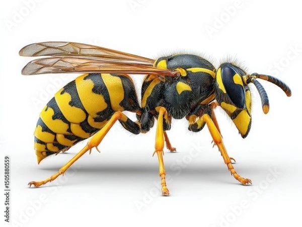 Fototapeta Close-up of a wasp, showcasing its intricate details and vibrant colors against a stark white background.