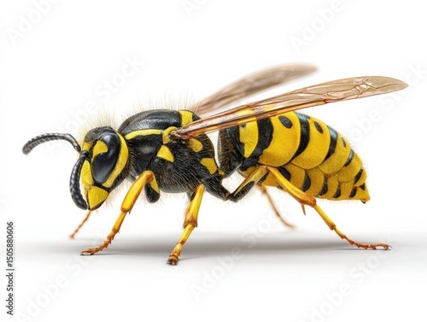 Fototapeta Close-up of a wasp, showcasing its intricate details and vibrant yellow and black stripes against a stark white background.