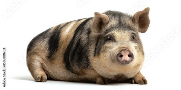 Fototapeta Adorable piglet with unique markings, lying down against a white background.